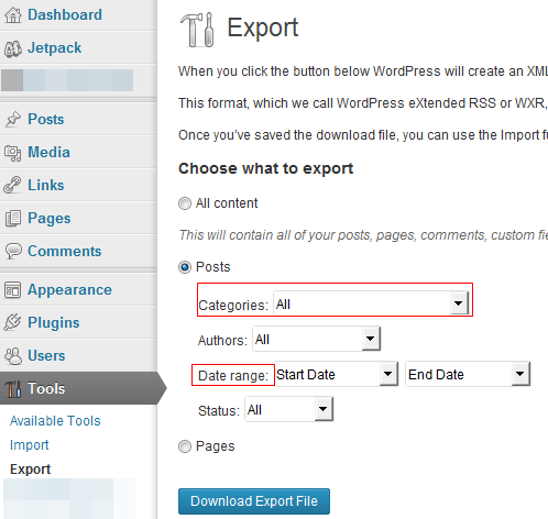WordPress: Export