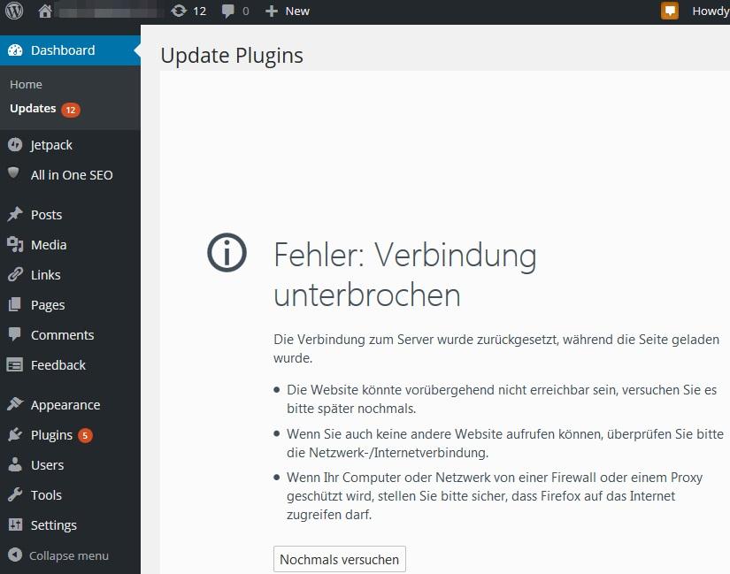 'Fehler: Verbindung unterbrochen' beim WordPress-Plugin-Update