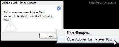 Geniale Gaunerei: Die Flash-Anwendung, die so tut, als wünsche sie sich ein Update. Selbst die rechte Maustaste zeigt nur, dass es sich um gewöhnliches Flash handelt